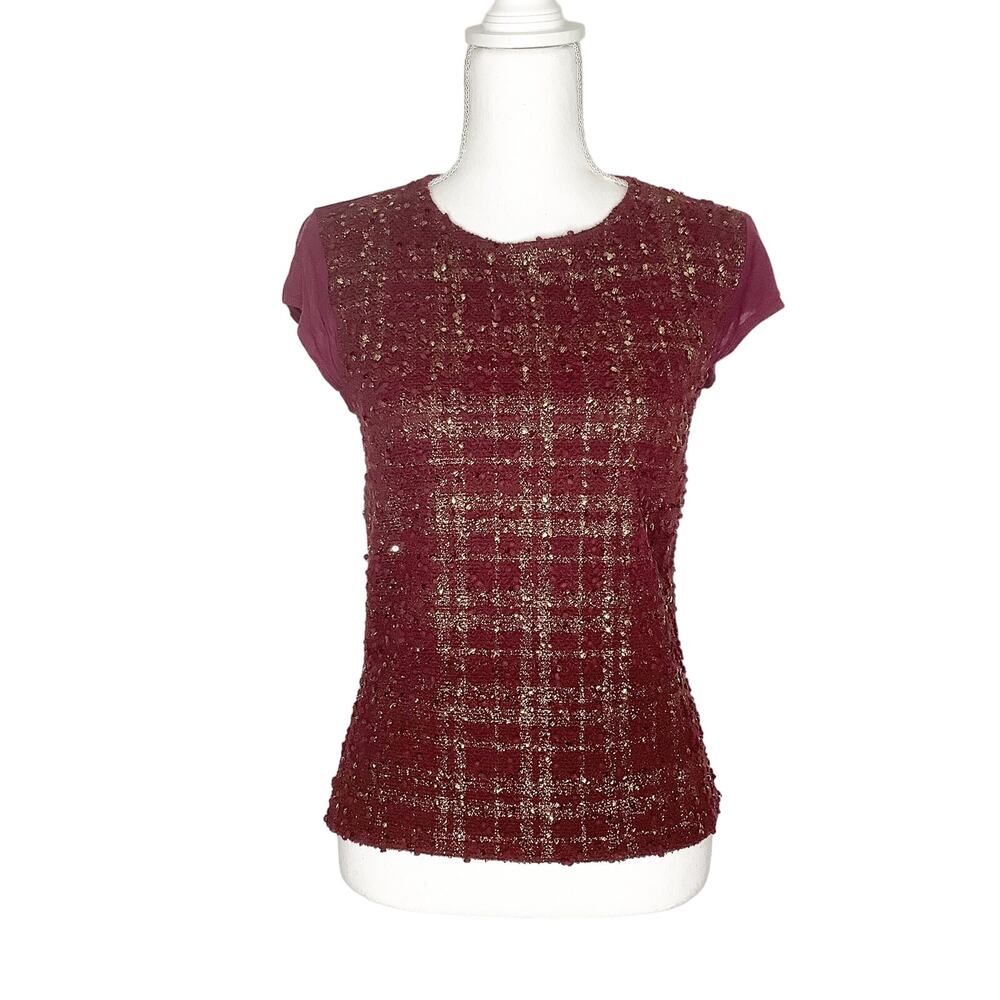 The Limited Burgundy Gold Plaid Knit Front Cap Sleeve Tee XS NWT